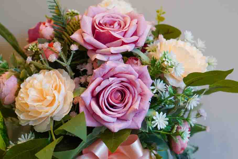 front view pinks and yellow rose flowers and green leaf on white background,