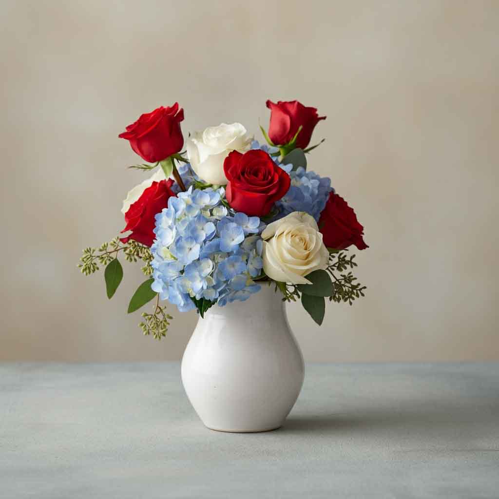 Memorial Day Flowers with roses and hydrangea