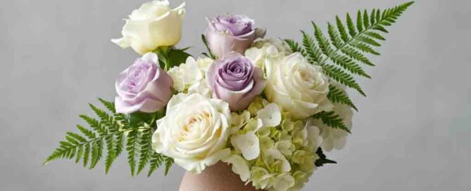 Sympathy Flowers with roses, ferns and hydrangea